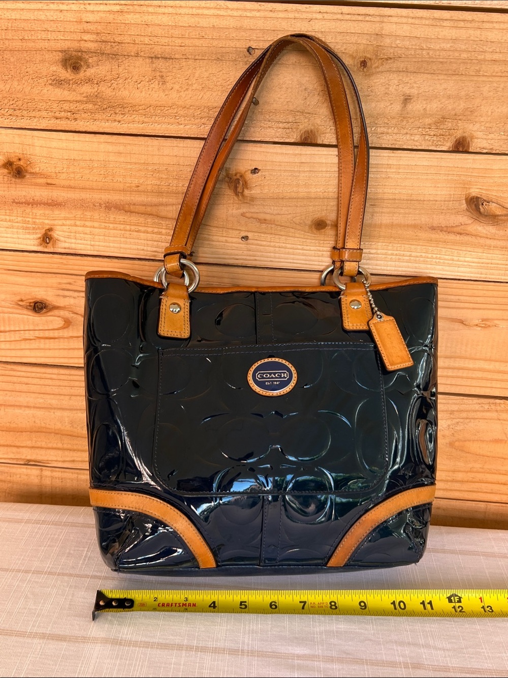 Coach Black Patent Tote with Tan Leather Accents